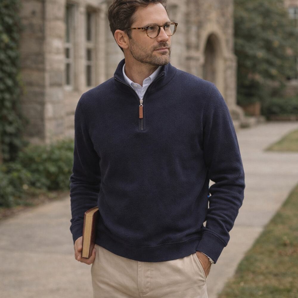 Lands' End Men's Large Navy Blue Quarter Zip Sweater Qzip Preppy Academia Top